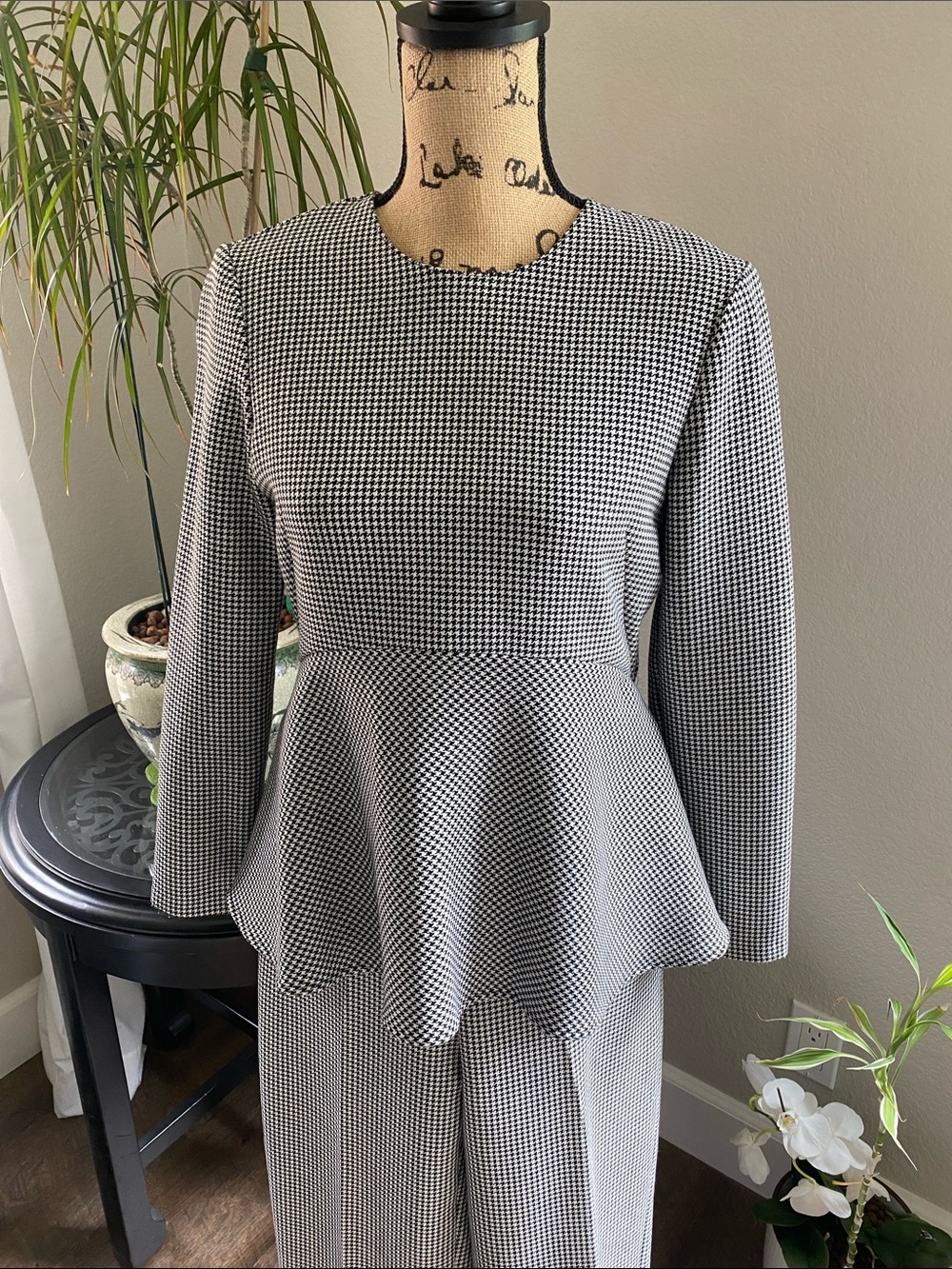 Zara Houndstooth Peplum Top